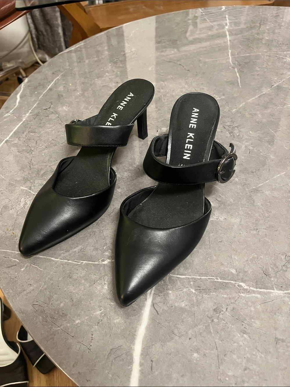 Anne Klein Black Pointed-Toe Buckle Strap Mules